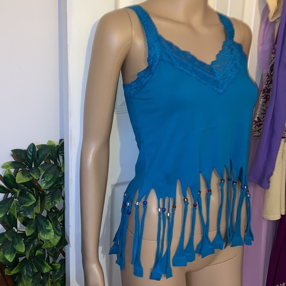 Hand beaded fringe turquoise teal tank top Upcycled and unique ooak  S M - Picture 8 of 12